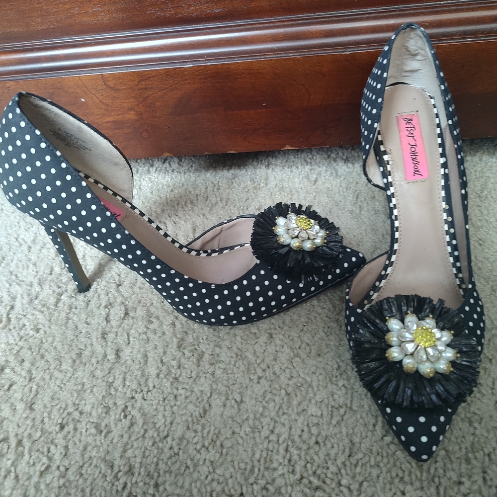 Betsey Johnson Black Polka Dot Heels with Floral Accent